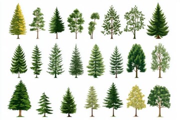 Obraz premium Vast assortment of pine trees silhouettes and outlines in versatile styles for landscape and architectural projects, featuring 224 unique tree icons for professional design use