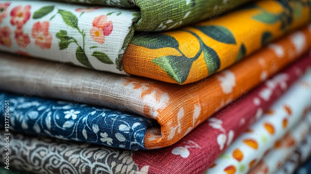 Poster colorful textiles stacked neatly showcasing various patterns and textures in a vibrant display