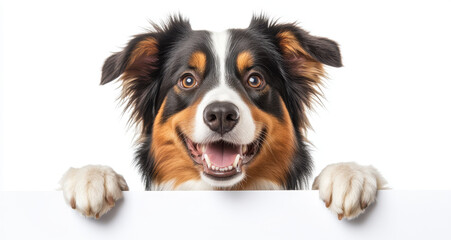 Fototapeta premium A cheerful dog with a tricolor coat leans over a white surface, displaying a joyful expression. The bright setting highlights its playful demeanor and friendly eyes.