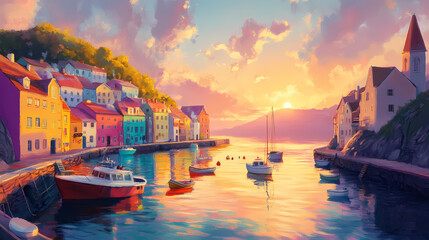 Vibrant coastal village at sunset: a picturesque harbor town with colorful houses and tranquil waters, bathed in the warm glow of the setting sun. Serene Harbor. Illustration