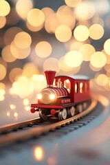 Festive red toy train on tracks, bokeh lights, Christmas