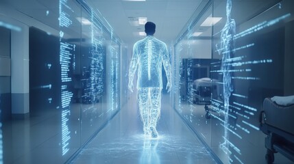 Doctor walking down futuristic hospital hallway examining holographic anatomical data and digital medical records displayed on transparent screens, visualizing patient information and diagnosis