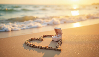 Beach proposal, romantic mood, wedding rings, heart-shaped sand arrangement