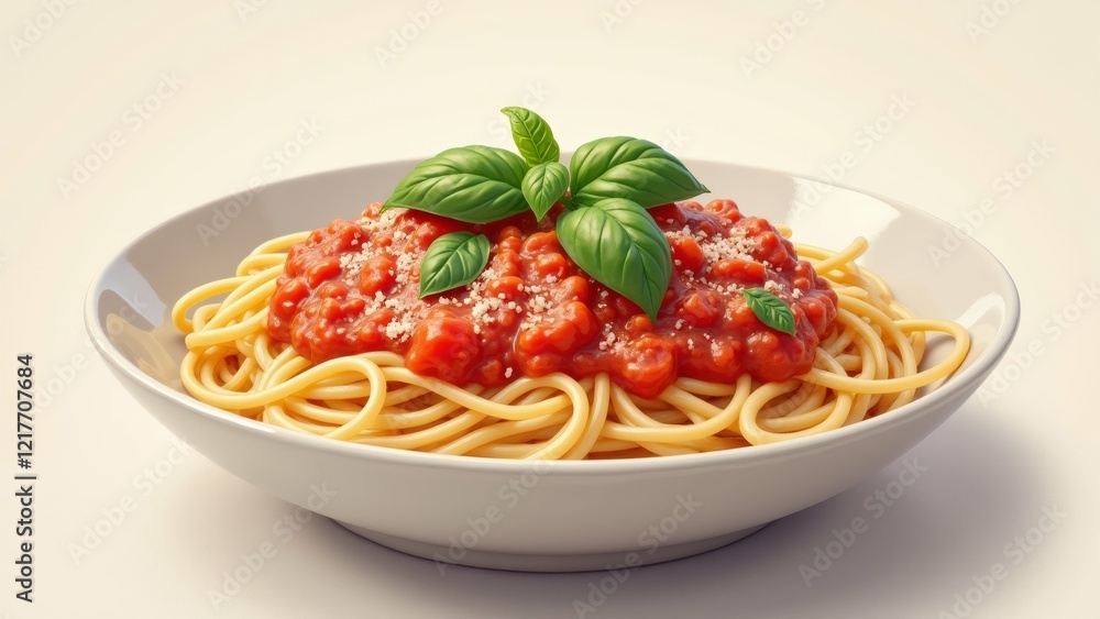 Poster the image is a 3d rendering of a bowl of spaghetti with tomato sauce. the spaghetti is cooked al den