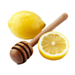Fresh lemon halves and a wooden honey dipper arranged on a clean transparent background, perfect for culinary moments, lemon and wooden honey dipper isolated on transparent background