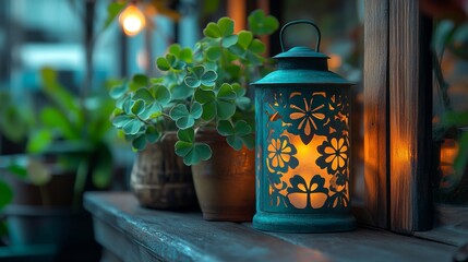 Beautiful decorative lantern placed on a wooden windowsill during sunset in a cozy room