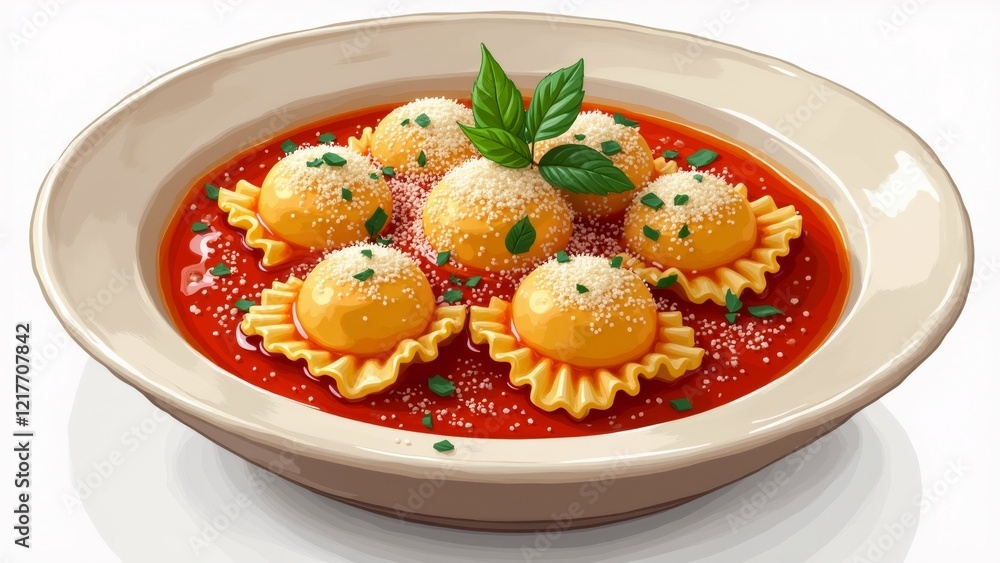 Poster the image is a digital illustration of a plate of ravioli. the plate is white with a beige rim and i