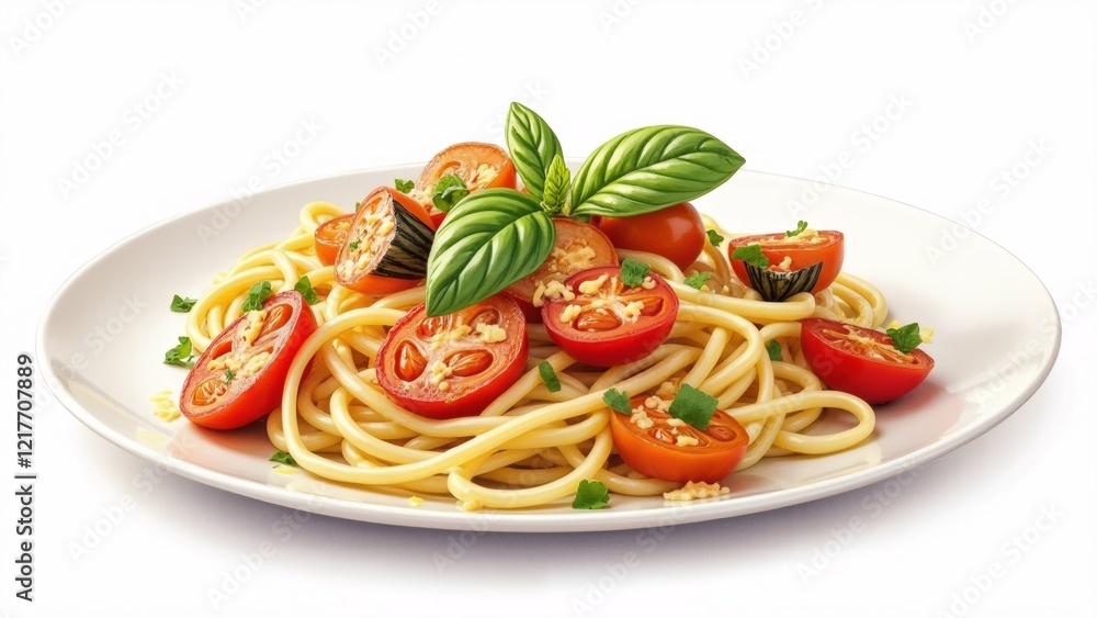 Poster the image is of a plate of spaghetti with cherry tomatoes and basil leaves. the spaghetti is cooked 