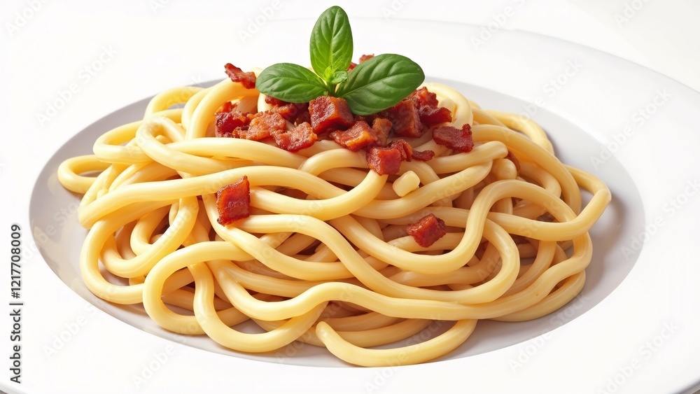 Poster the image shows a plate of spaghetti with bacon and a basil leaf on top. the spaghetti is long and t