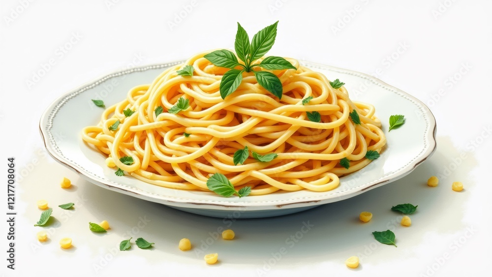 Poster the image shows a plate of spaghetti with a sprig of fresh basil on top. the spaghetti is cooked al 