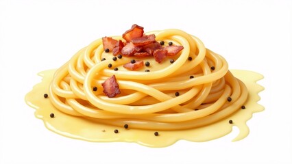 The image shows a plate of spaghetti with bacon on top. The spaghetti is cooked al dente and is covered in a yellow sauce.