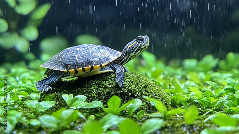 Poster turtle basking on a smooth rock surrounded by lush greenery in a serene pond setting