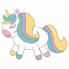   Cute, pastel-colored cartoon unicorn with a flowing multicolored mane and tail, closed eyes, and a peaceful expression, perfect for children's illustrations, nursery decor, or fantasy-themed designs