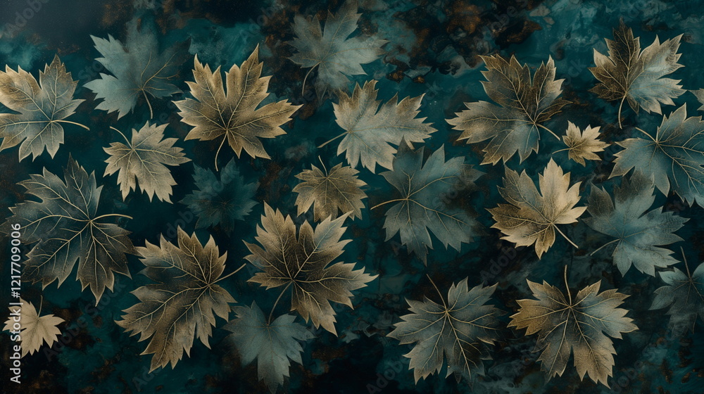Poster fine lines representing maple leaves with a metall_007