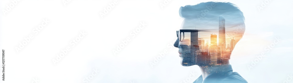 Poster man in futuristic city, exploring innovation and advanced technology in a dynamic cityscape