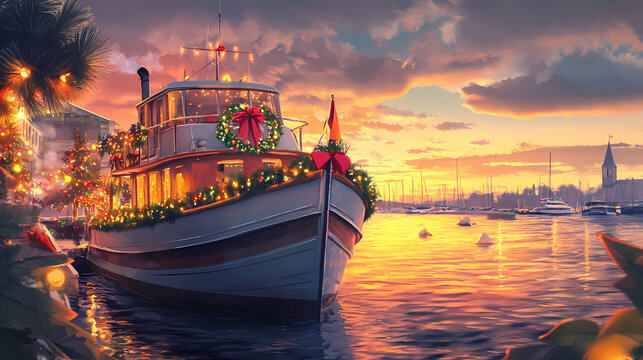 A festive boat adorned with a christmas wreath and decorations, set against a serene marina at sunset. Serene Harbor. Illustration