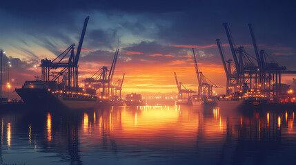 Obraz premium A serene harbor scene at dusk, featuring cargo ships docked and cranes illuminated by warm lights, reflecting beautifully on the still water surface. Serene Harbor. Illustration