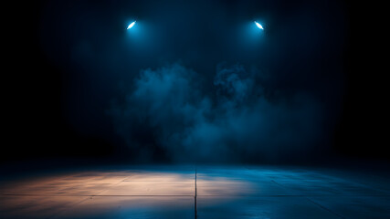 Fototapeta premium Blue misty dark background. Dark street with smoke, fog, blue spotlights, neon. Dark abstract empty background. Generative AI