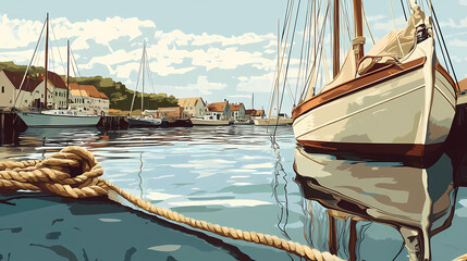 A serene harbor scene featuring boats, ropes, and a calm waterway. Serene Harbor. Illustration