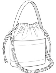 drawstring bucket bag with chained strap flat sketch vector illustration technical cad drawing template	
