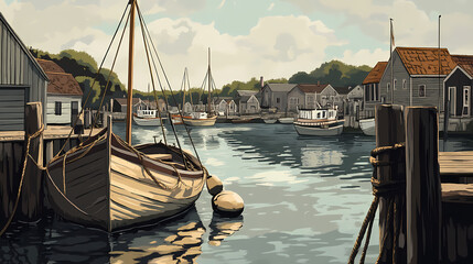 A serene harbor scene featuring boats, ropes, and a calm waterway. Serene Harbor. Illustration