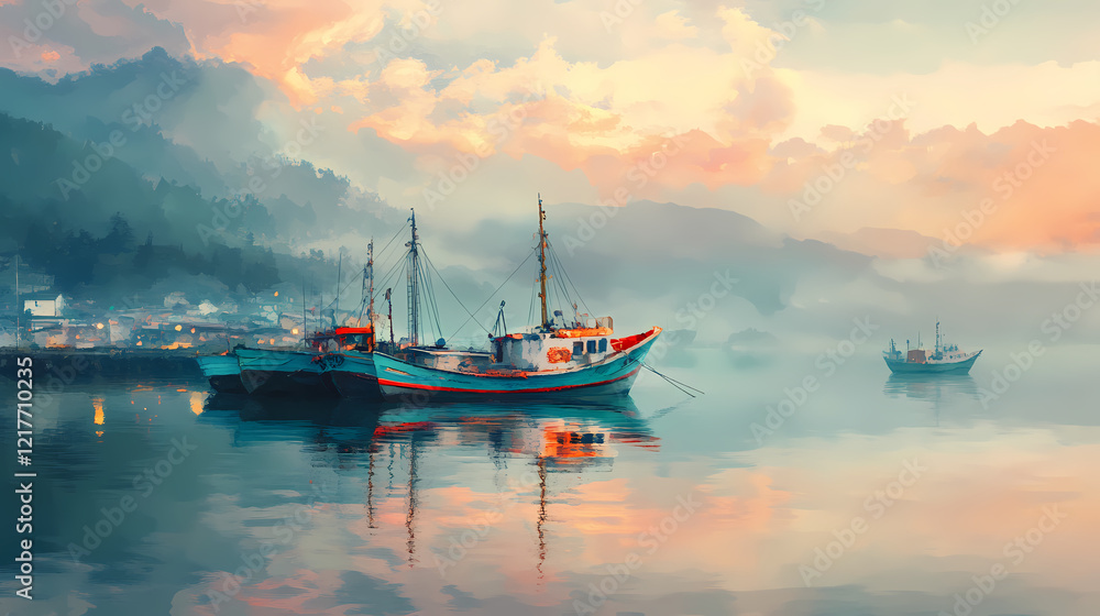 Wall mural A serene harbor scene featuring colorful fishing boats reflected on calm waters under a misty sky. Serene Harbor. Illustration