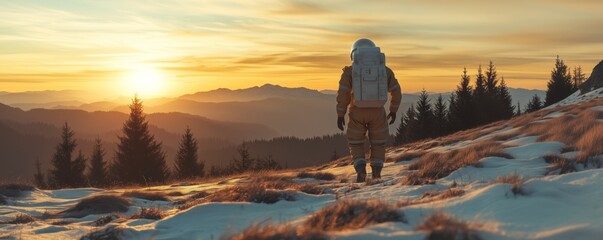 Alone astronaut walking through the snowy pine tree forest.