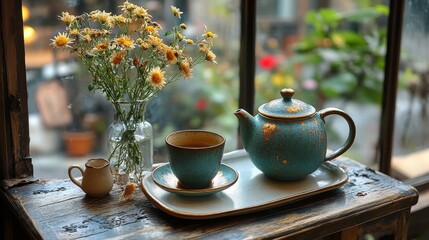 Elegant teal teapot with gold accents beside a flowering plant on a wooden table