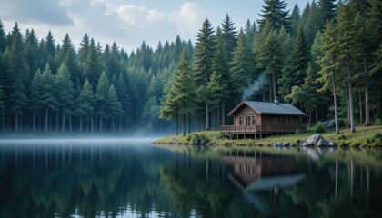 Fototapeta premium Finnish house on a lake in a pine forest, forest lake landscape, fisherman's house, sauna on the lake