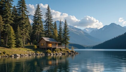 Fototapeta premium A cabin is on a lake with a view of mountains. The cabin is surrounded by trees and the water is calm.