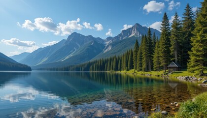 Obraz premium mountain lake in summertime. great outdoor nature scenery. coniferous forest with tall trees on the shore reflecting in clear water. deep blue sky with clouds. beautiful landscape