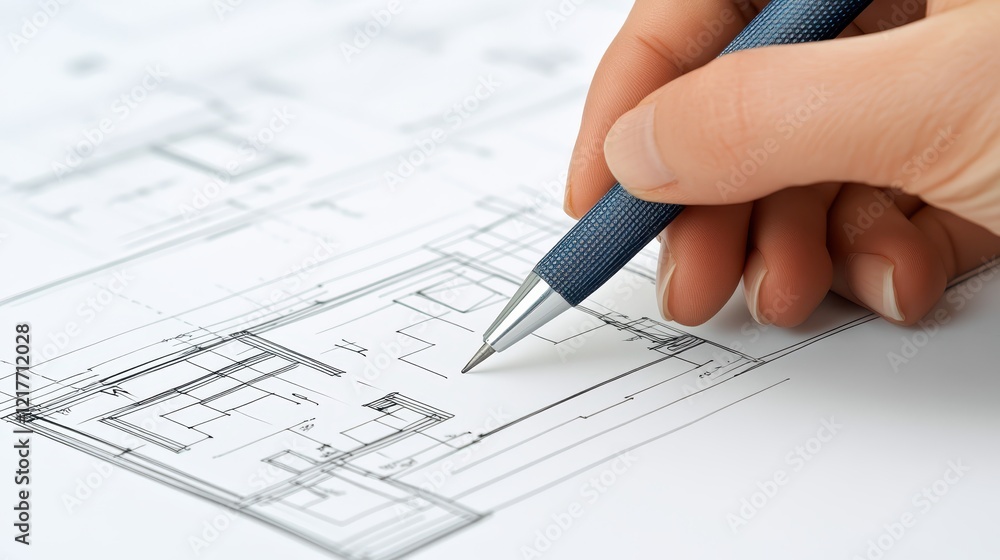 Poster a hand drafts intricate designs on blueprint with precision using pen