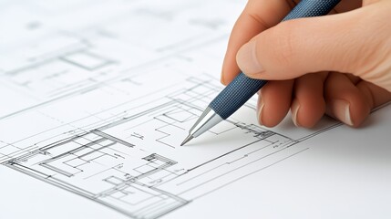 A hand drafts intricate designs on blueprint with precision using pen