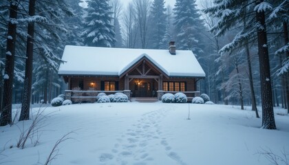 Winter house with woods in snow storm