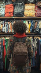 Fototapeta premium Young woman browsing vintage clothing in a cozy thrift store