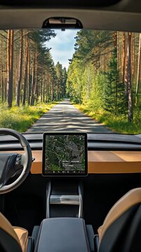 autonomous electric car driving in the forest