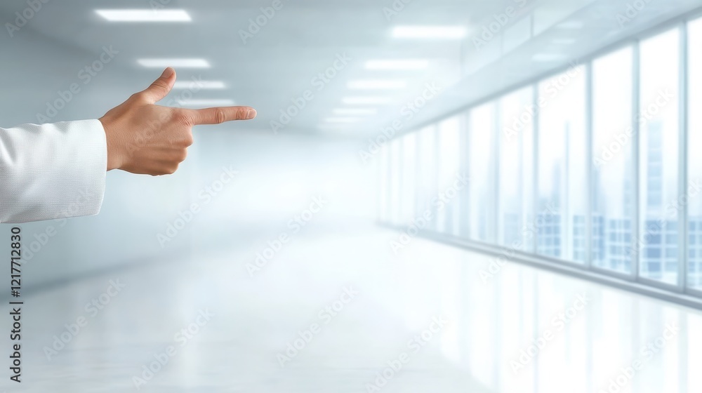 Poster hand directing attention towards row of on modern building facade.