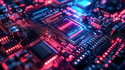 Fototapeta premium An intricate close-up of a microchip illuminated by pulsating lights, epitomizing the heart of modern technology and intricate design in the digital age.