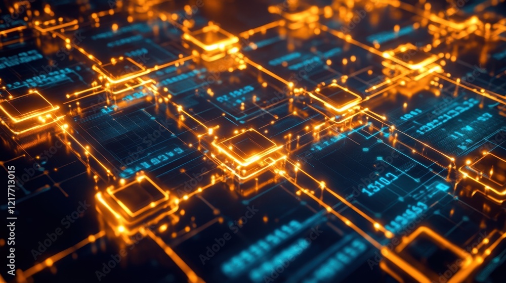 Poster complex network of interconnected circuits glowing with orange light, symbolizing data flow and proc