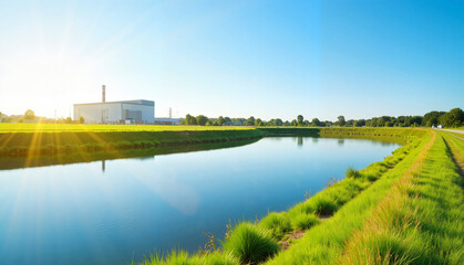 Fototapeta premium Water treatment facility by the river with green landscaping and bright sunlight