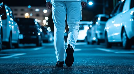 Fototapeta premium A figure walks through a vividly lit urban street at night, with bright reflections on the wet pavement, showcasing a dynamic and exploratory ambiance amidst the city buzz.