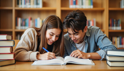 Students studying new textbooks together in the library with smiles