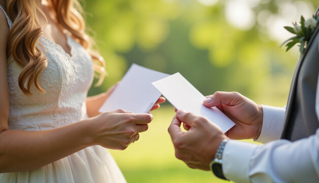 Wedding vows exchange between bride and groom in natural outdoor setting