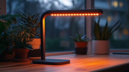 Soft glow from a modern desk lamp enhancing a cozy workspace in the evening
