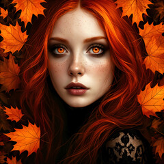 A young woman with striking red hair and captivating orange eyes, set against a backdrop of autumn leaves.