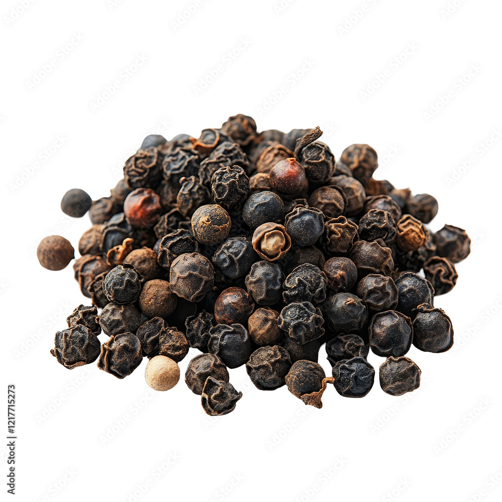 Poster black peppercorns isolated on a transparent background for culinary use and spice identification, pe