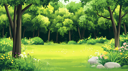 Vibrant summer forest scene featuring lush trees and green grass in a glade a 2d cartoon illustration showcases a wooded area with plants bushes stones and sunlight. Shaded Glade. Illustration