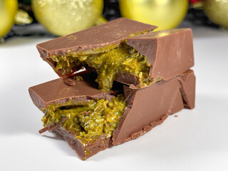 close photo of dubai chocolate on festive background