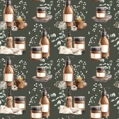 Cream in a jar, shampoo with a dispenser, crumpled tube, candle, gypsophila and eucalyptus flowers with stones. Watercolor seamless pattern for cosmetic brand, beauty and health blogs, banners.