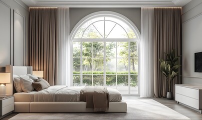 Elegant Bedroom Interior with Large Arched Window and Neutral Tones Minimalist Decor